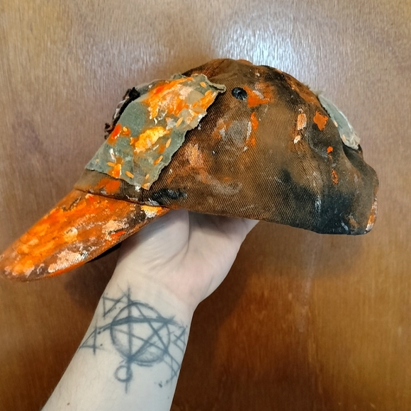 QUEER Camo Bleach Dyed Splatter Painted Hat (neon orange and camo) - Picture 4 of 8